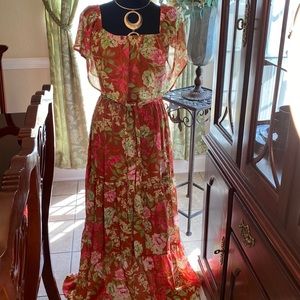 Rust and green floral print maxi